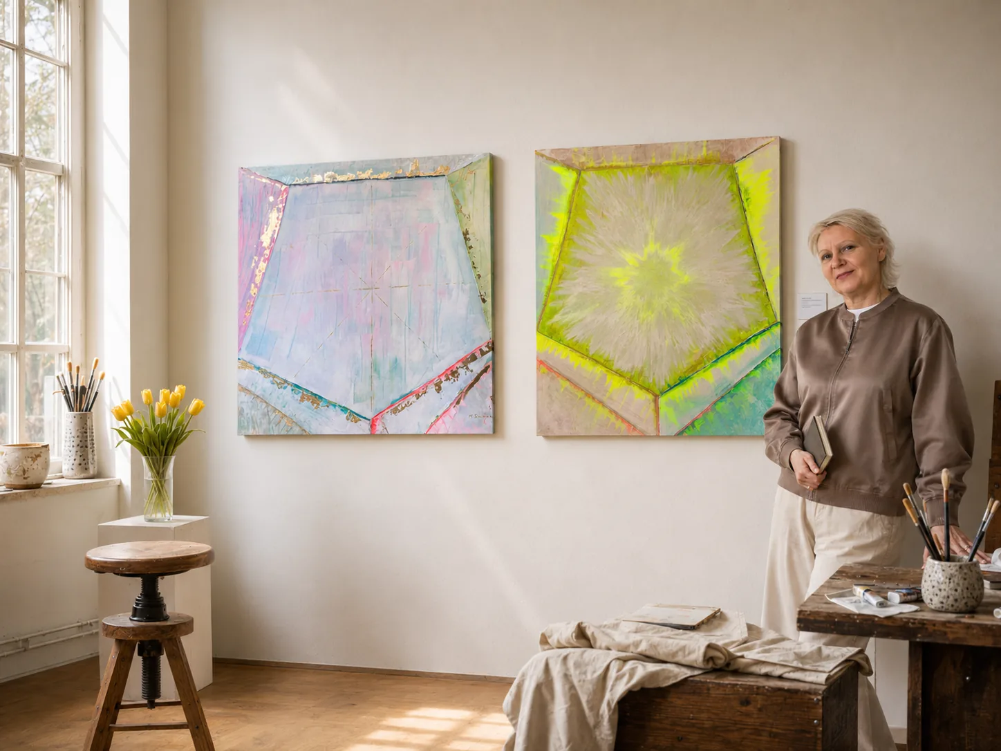 Margarete Scholtyssek in her atelier with two Energy Paintings